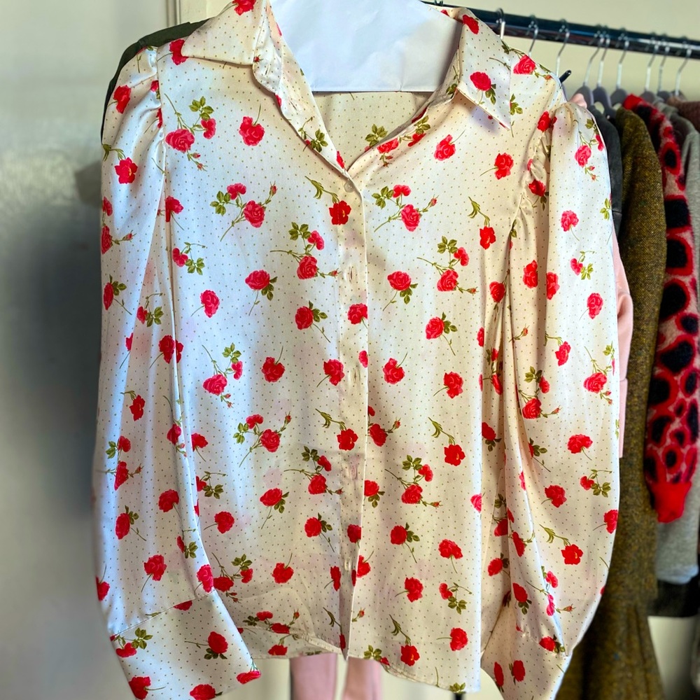 Medium Zara Top. White button up, polka dots and red roses.